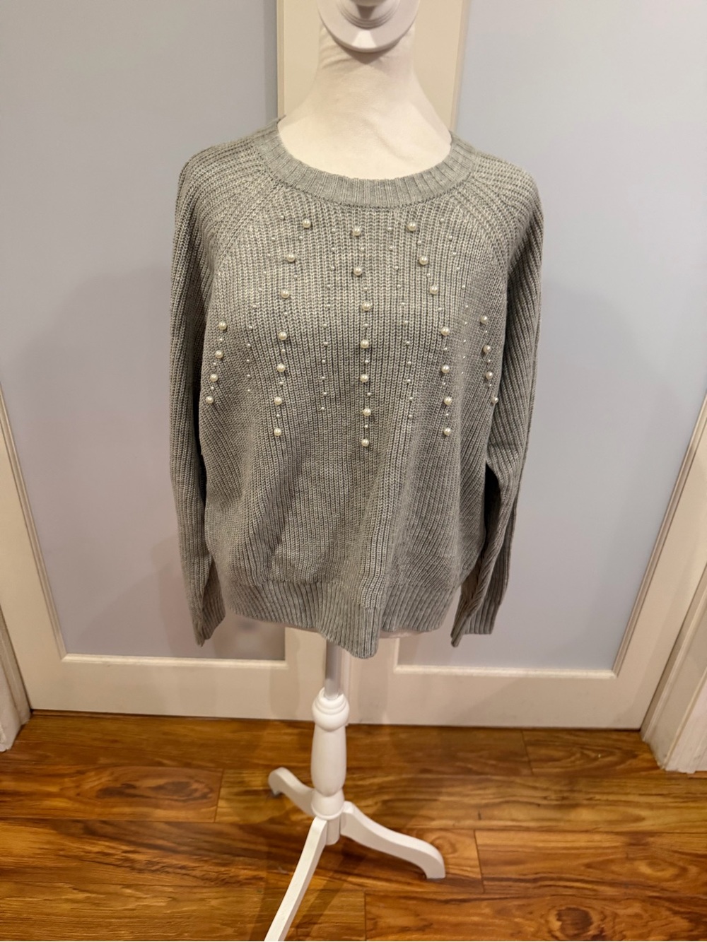 French Connection Gray Crewneck Sweater with Pearl Detail